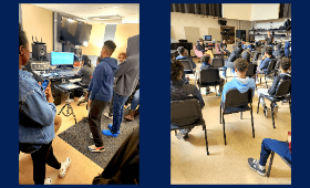 Students in the Kent County Middle School Achieving Academic Equity and Excellence for Black Boys mentoring program visit a recording studio and  learn about music opportunities at Washington College as part of a campus tour Friday, Jan. 27.