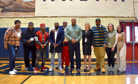 Kent County High School Principal Kris Hemstetter and her team pose for a photo with special guests at a Black History Month assembly Wednesday, Feb. 22. From left are teacher Michelle Phillips, guests Ronnell Page, Yvng Swag, Juante Wilson, D.J. Real and