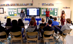 Kent County Middle School eighth graders visit Aundra Anderson's Next Generation Scholars classroom at Kent County High School Wednesday, Feb. 22 and speak with Shakar Herod, left, and Craig Sandie, engineers with Dixon Valve.