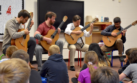 The Canadian Guitar Quartet performs for Galena Elementary School fifth graders Monday, Sept. 12. From left are Renaud Côte-Giguère, Jérôme Ducharme, Louis Trépanier and Christ Habib.