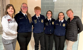 Kent County High School FFA students spoke to the Board of Education Tuesday, Nov. 29 about their trip to the FFA National Convention in October. From left are KCHS agriculture teacher Jennifer Kuhl-Depp, Emma Morris, Will Goetz, Delaney Jewell, Stephanie