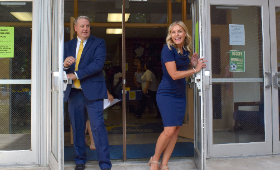 Mark Buckel and kelley Melvin open the doors at KCMS