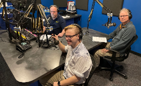 The team at 90.5 WKHS, the radio station at Kent County High School, prepare to launch a 48-hour broadcasting air-a-thon Friday morning, March 25. From left are Station Manager Chris Singleton, senior Kane Schultz and Fund Manager Ken Collins.